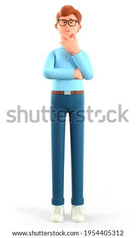 3D illustration of thinking man pondering making decision. Cute cartoon pensive businessman solving problems, feeling concerned puzzled lost in thoughts. Searching and finding a solution concept.