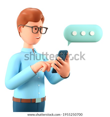 3D illustration of man chatting on the smartphone and speech bubble. Cute cartoon smiling businessman talking and typing on the phone. Communication in social networking, mobile connection.