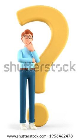 3D illustration of thinking man standing with a huge question mark. Cartoon pensive businessman solving problems, feeling concerned puzzled lost in thoughts. Searching and finding a solution concept.