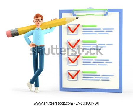 3D illustration of smiling man holding a huge pencil on his shoulder standing nearby a giant marked checklist on a clipboard paper, customer survey form. Successful completion of business tasks.
