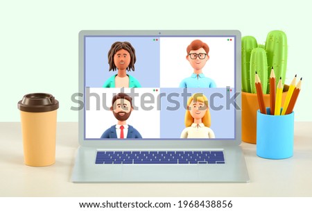 3D illustration of home video call, online work conference concept. Virtual class, team education. Remote meeting, digital business chat. Group of multiethnic people talking by internet, web chatting.