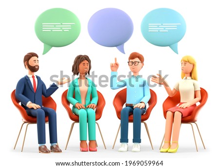 3D illustration of business team meeting and talking with speech bubbles. Happy multicultural people characters sitting in chairs and discussing. Successful teamwork, group therapy, support session.