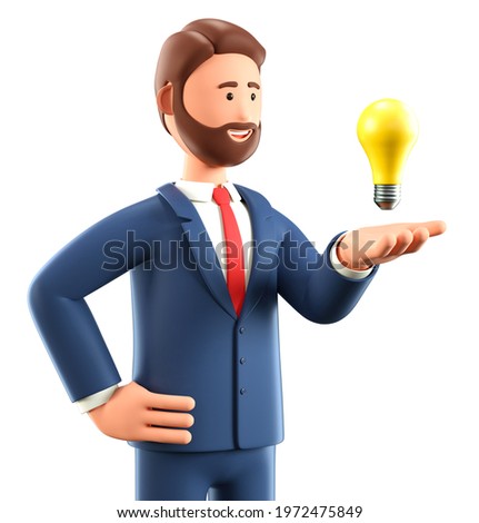 3D illustration of smiling creative man looking at the bulb over hand. Cute cartoon businessman generating ideas, solving tasks and reaching goals. Business solutions, success and strategy. 