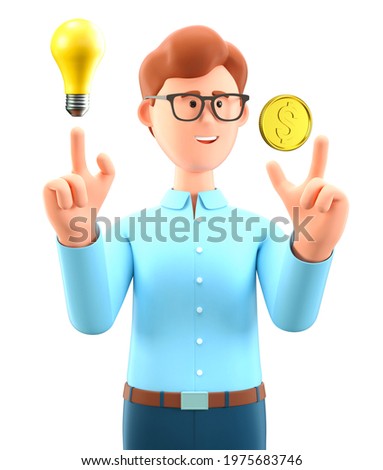 3D illustration of creative man pointing finger at gold dollar coin and generating new ideas for making money. Cartoon businessman, investor with light bulb. Financial solution and growth concept.