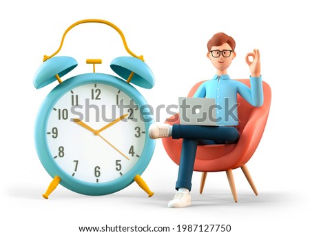 3D illustration of happy man with laptop showing ok gesture and sitting in armchair nearby a huge vintage alarm clock. Businessman making in time. Deadline, project limit, task due dates concept.