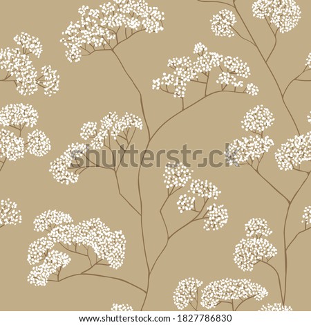 Bushes of small white flowers in beige color palette. Vector seamless pattern design for textile, fashion, paper, packaging and branding. 
