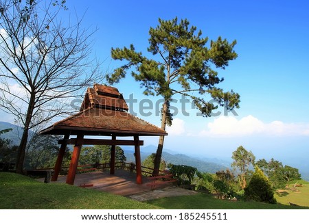 Pavilion and mist on hill side and green nature. at chiang mai, Thailand.