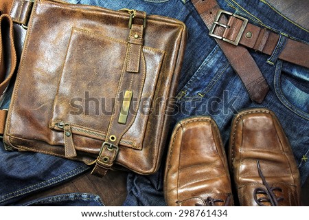 Men fashion. Men accessories. Brown leather shoes, leather men bag, Men belt.