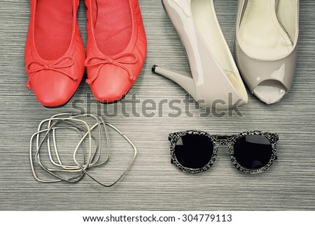 Women accessories, Still life of fashion woman. Overhead of essentials fashion woman objects. (Vintage Style Color)