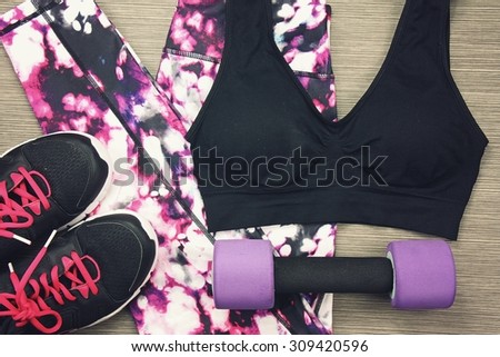 Women's sport wear and Dumbbell. Fitness wear and equipment. Sport fashion, Sport accessories, Sport equipment. (Vintage Style Color)
