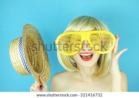 Funny girl with funny glasses, Happy naughty blonde hair woman with giant sunglasses. Woman in crazy clown glasses, Large funny glasses.