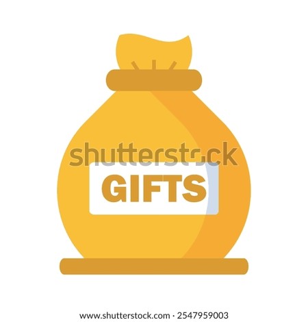 Yellow gift sack icon, Sack with text in front of, Minimalist vector illustration.