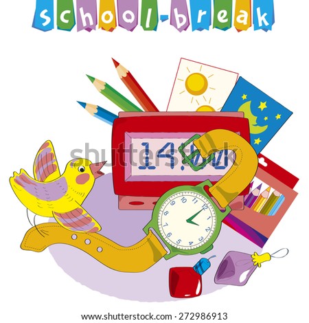 School subjects, clocks, pencils, drawings. The cheerful birdie sits on clocks.Separate layers of objects and background for easy editing.