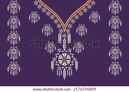 Vector ethnic neck embroidery V-shape geometric flower pattern design with uba on purple color background. Tribal art fashion for shirts.