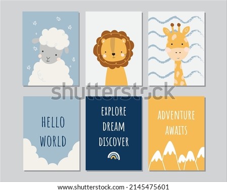 Birthday cards with quotes, cartoon sheep, lion an for baby boy and kids. Can be used for baby shower, birthday,invitation, nursery decor. Hello world.  Explore, dream, discover. Adventure awaits.
