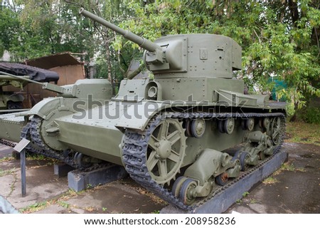 Moscow, Russia - July 13, 2012. Soviet historical Light tank T-26 in the Central Museum of the armed forces, side view