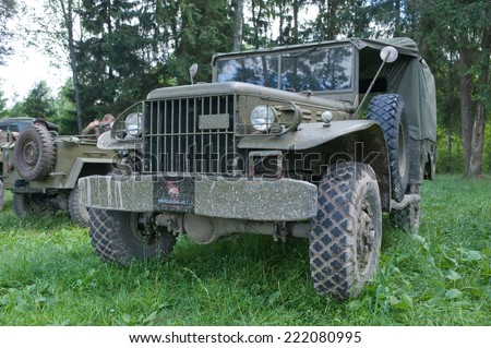 CHERNOGOLOVKA, MOSCOW REGION, RUSSIA-JUNE 21, 2013: American old army Dodge WC-51 on retro rally in the woods, 3rd international meeting \