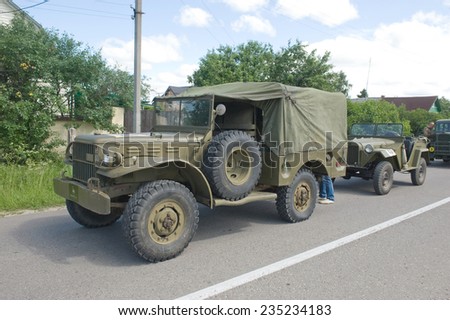 CHERNOGOLOVKA, MOSCOW REGION, RUSSIA - JUNE 21, 2013: Retro cars Dodge WC-51 and GAZ-67 at the 3rd international meeting of 