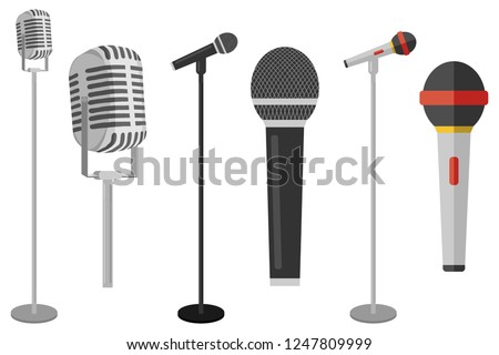 Three microphones on counter. Microphone with stand vector on white background. Set of microphones on counter. 