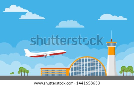 Airport building and planes. Airport Terminal building with aircraft taking off. Airport building and airplanes on runway with traffic cones on natural landscape background.