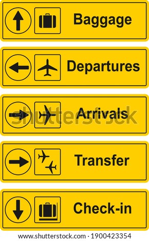 Airport signposts. Terminal sign, airport transfer sign. Vector, cartoon illustration. Vector.