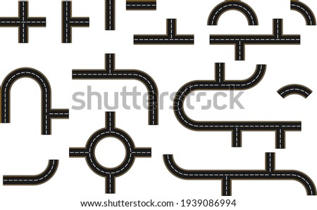 The road icon. Set of road elements isolated on white. Vector, cartoon illustration. Vector.