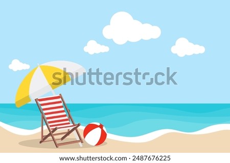 Sea holiday logo. Seaside holiday concept with sun lounger, beach umbrella and beach ball. Vector, cartoon illustration. Vector.