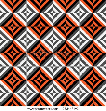 Vector geometric seamless pattern with stripes, lines, squares. Black white orange optical illusion background. Creative monochrome geometry texture. Trendy repeatable design for decor, print, fabric