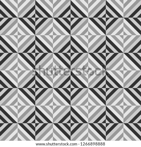 Vector geometric seamless pattern with stripes, lines, squares. Black white gray optical illusion background. Creative monochrome geometry texture. Trendy repeatable design for decor, print, fabric