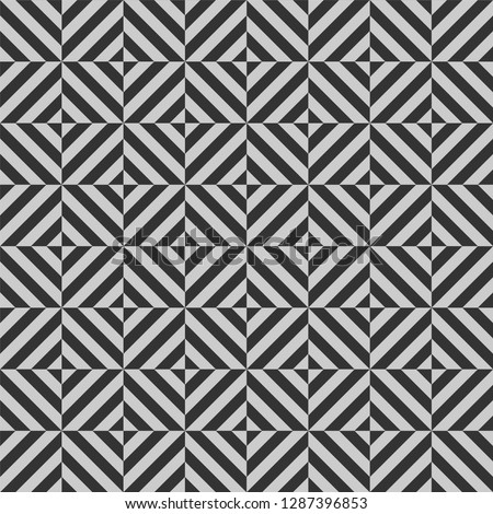 Vector geometric seamless pattern with stripes, lines, squares. Black white gray optical illusion background. Creative monochrome geometry texture. Trendy repeatable design for decor, print, fabric