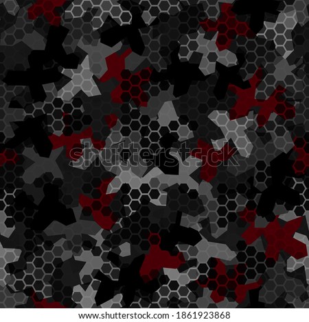 Camouflage seamless pattern with hexagonal geometric ornament maroon spots on dark grey and black colors. Vector illustration of night stealth camo