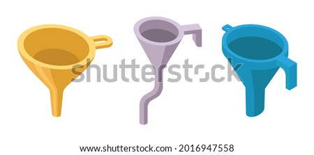 Set of funnels - isometric hand drawn vector illustration isolated on white. Flat color design.