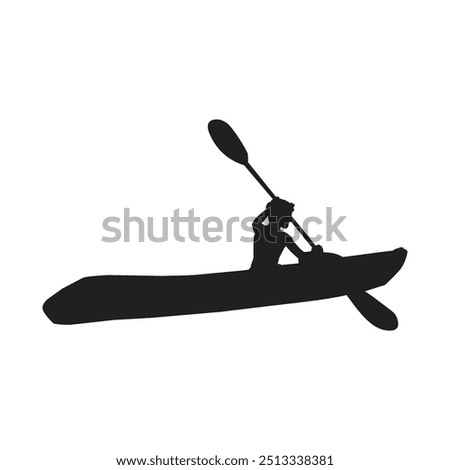 Kayaker paddling kayak in competition race vector silhouette illustration isolated on white. Sport man in kayak boat racing. Weekend team building on river. 