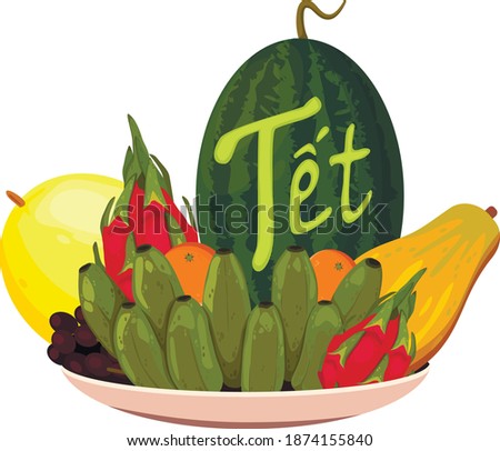Tết-Vietnamese New Year, Vietnamese Lunar New Year or Tet Holiday. Plate with fruits for celebrating Vietnamese Lunar New Year "Tet" 