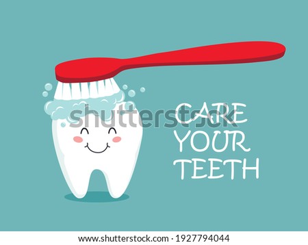 Poster with cute smiling cartoon tooth with soft foam bubbles. Stomatology, dental concept. Flat style cartoon character illustration. Dental kids care banner. Care your teeth Stockfoto © 