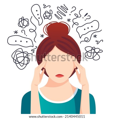 Anxiety, depression, stress, headache. Dizziness, sad and anxious thoughts of woman. Young famale is surrounded by stream of thoughts, chaos in head.  Mental disorder.