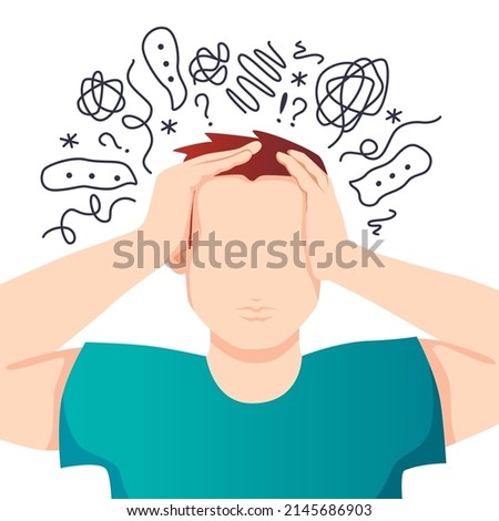 Anxiety, depression, stress, headache. Dizziness, sad and anxious thoughts of man. Young man is surrounded by stream of thoughts, chaos in head. Mental disorder. Difficult life situation.
