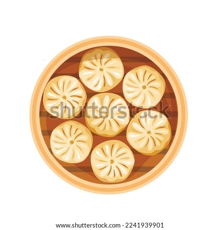 Dim sum, traditional Chinese dumplings, in bamboo steamer basket. View from above. Asian food vector illustration.
