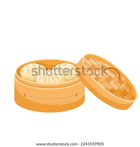 Chinese steamed pork bun dim sum on a bamboo tray, vector illustration