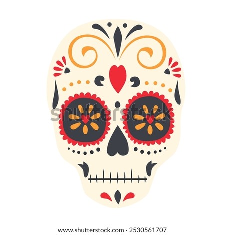 Mexican sugar skull. Day of the Dead Skull. Dia de los Muertos. Design element for logo, emblem, sign, poster, card, banner. Vector illustration isolated on white background.