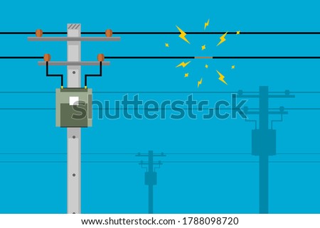 Short circuiting of damaged electrical wires with fire spark on electricity poles and blue background flat vector.