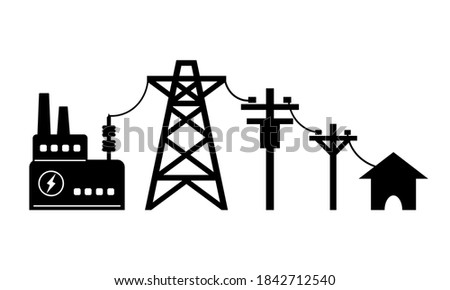 Power plant generates electricity to transmit electricity to electric poles and house icon vector.