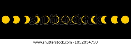 Yellow moon different phases of lunar eclipse on black background flat vector icon.