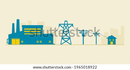 Power plant generates electricity to transmit electricity to electric poles and house icon flat vector.