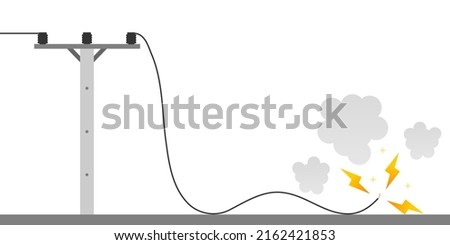 Broken electric wire of high voltage pole is damaged and short circuit spark cause danger electrocution risk on white background flat vector design. Foto stock © 