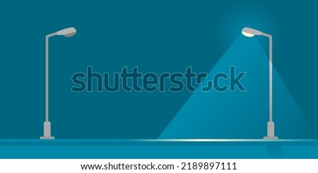 Electric streetlight bulb poles illuminated light with broken worn-out streetlight pole power outage in night on dark blue background flat vector icon design.
