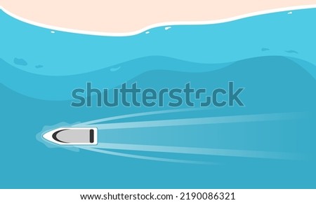 White speed boat travel floating water transport in ocean blue sea with beach in summer season top view flat vector design.