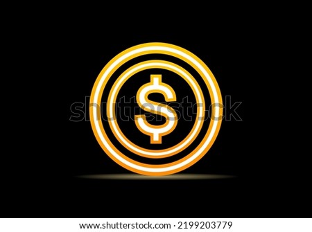 Golden dollar coin money neon light glowing on black background icon vector design.