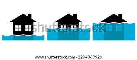 Set water rain flooding damage city house flood water level rise flat vector icon design.