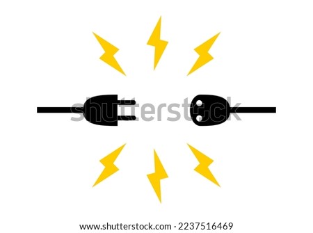 Black plug and socket electric disconnection with yellow electric short circuit sparks flat vector icon design.